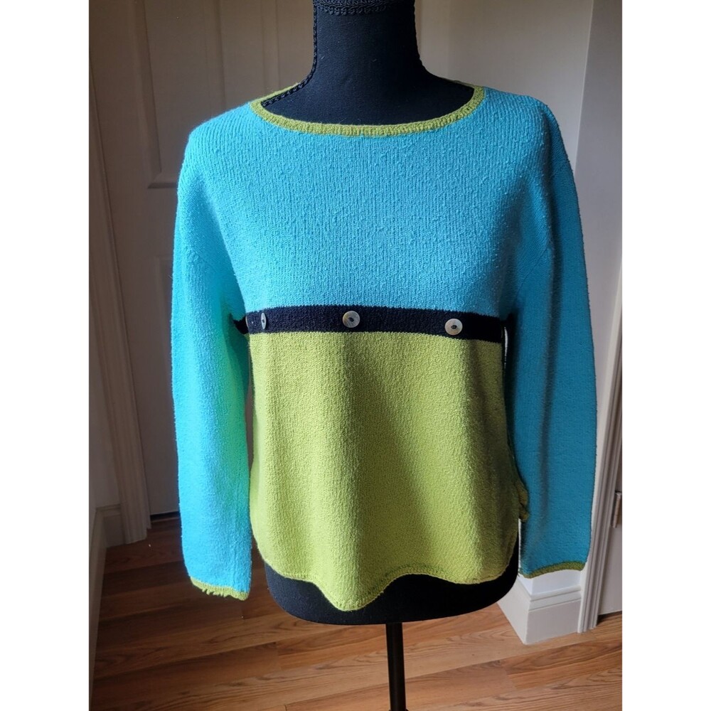 Vintage Colorblock Knit Pullover Sweater Aqua Blue Lime Green Button Accent M
